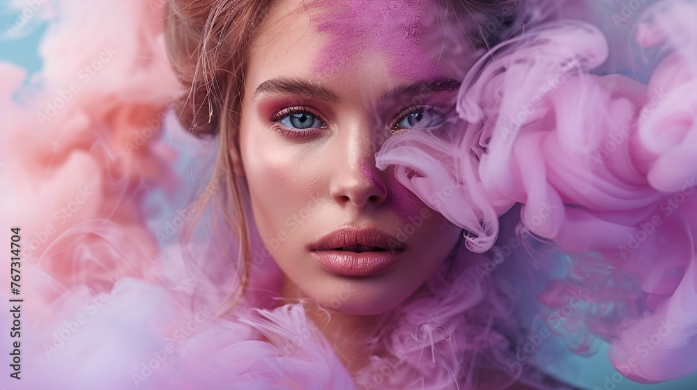 young woman surrounded by purple pink smoke on a pastel blue background showcasing abstract fashion and creative art concept in vibrant colors young woman surrounded by purple pink smoke on a pastel blue background showcasing abstract fashion and creative art concept in vibrant colors