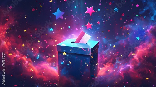An election ballot box has a ballot paper sticking out of it. Blue, purple and pink background with stars. 