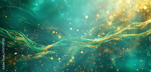 Luminous emerald and golden tendrils dancing amidst a backdrop of shimmering teal. Copy space on blank labels.