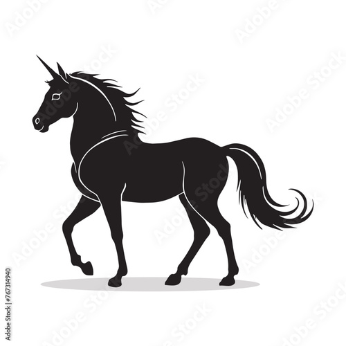 Unicorn silhouettes and icons. Black flat color simple elegant white background Unicorn animal vector and illustration.