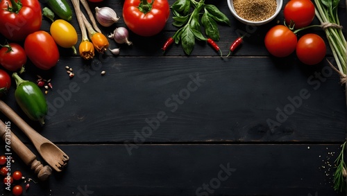 Vegetables and spices ingredient for cooking italian food on black wooden old board in rustic style.