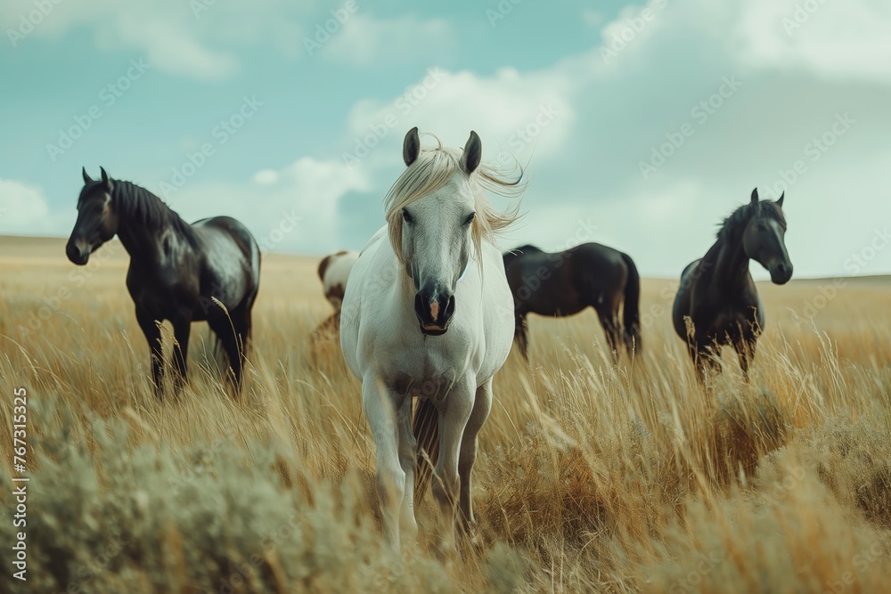 A herd of wild horses grazing in the grasslands