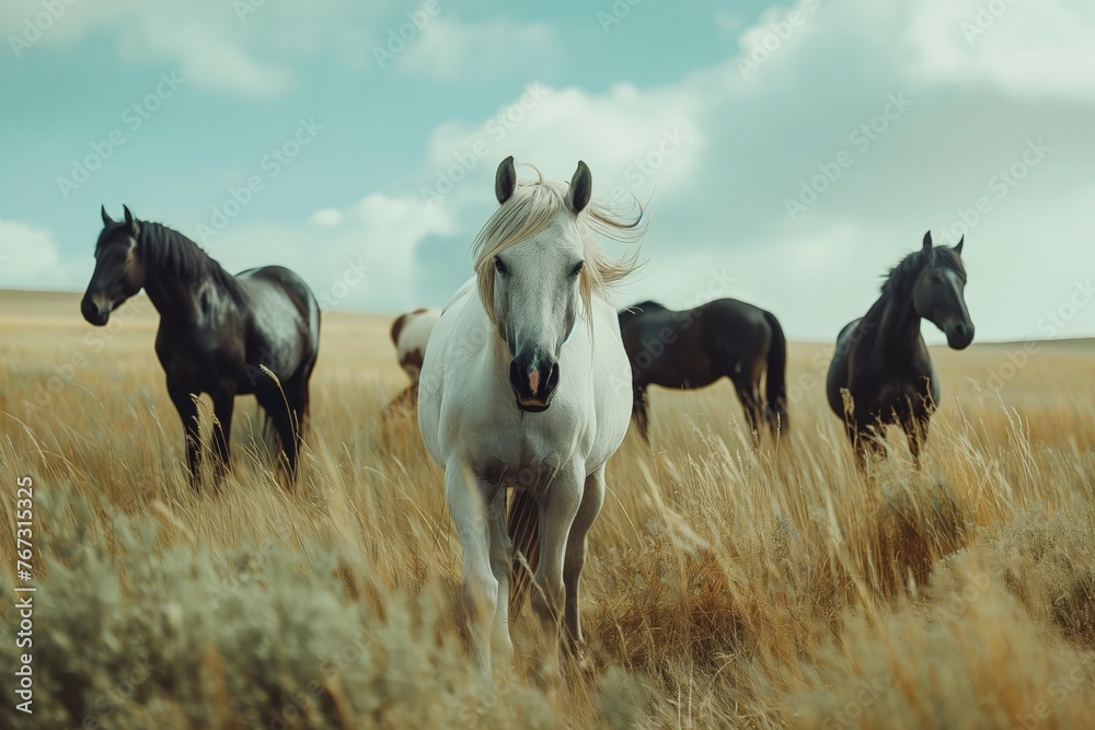 A herd of wild horses grazing in the grasslands A herd of wild horses grazing in the grasslands