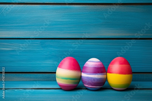 Colorful Easter egg double border against a yellow wood background - generative ai