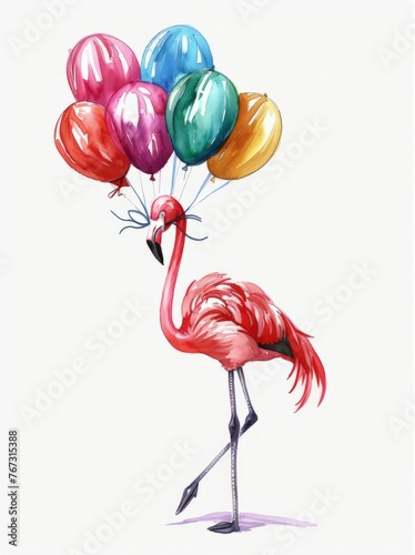 A flamingo standing on one leg while holding a bunch of colorful balloons in its beak