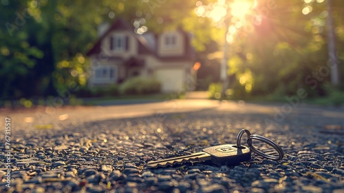 The keys to the house on an asphalt surface in front of which a beautiful two-story family home is blurred out photo