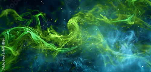 Neon green tendrils swirling in a cosmic ballet against a backdrop of cerulean smoke, a captivating display of movement and color. Copy space on blank labels.