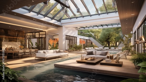 Light-filled two-story indoor/outdoor living pavilion with retractable walls vaulted glass ceilings lofted lounges and courtyard water feature.