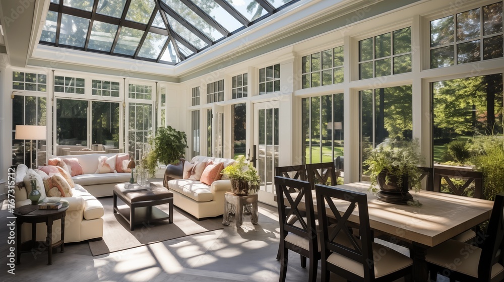 Light-filled two-story sunroom with fully retractable glass walls and open-air entertaining/dining space.