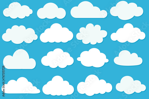 Cartoon cloud set. Clouds isolated on blue sky panorama vector collection. Cloudscape in blue sky. Many white clouds for design