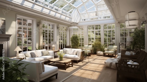 Light-filled two-story sunroom with glass atrium ceiling seamless patio transitions and lofted conservatory sitting areas above.