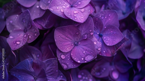 Close up of a purple hydrangea with raindrops, Deep dark ultra violet flowers with dewdrops, AI generated