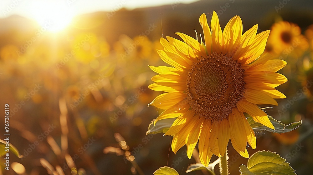 Naklejka premium warm sunflower closeup highlighting the golden petals and cheerful nature of this bright and vibrant flower in a sunlit summer garden