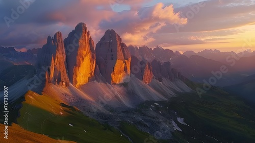 Mountains and beautiful sky with colorful clouds at sunset. Summer landscape with mountain peaks, stones, grass, trails, violet sky with pink clouds. High rocks. Tre Cime in Dolomites, Ai generated  © Hamid