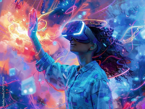 An energetic and colorful digital art piece showcasing a woman immersed in a virtual reality game with dynamic swirls of blue and purple light and floating gaming icons around her