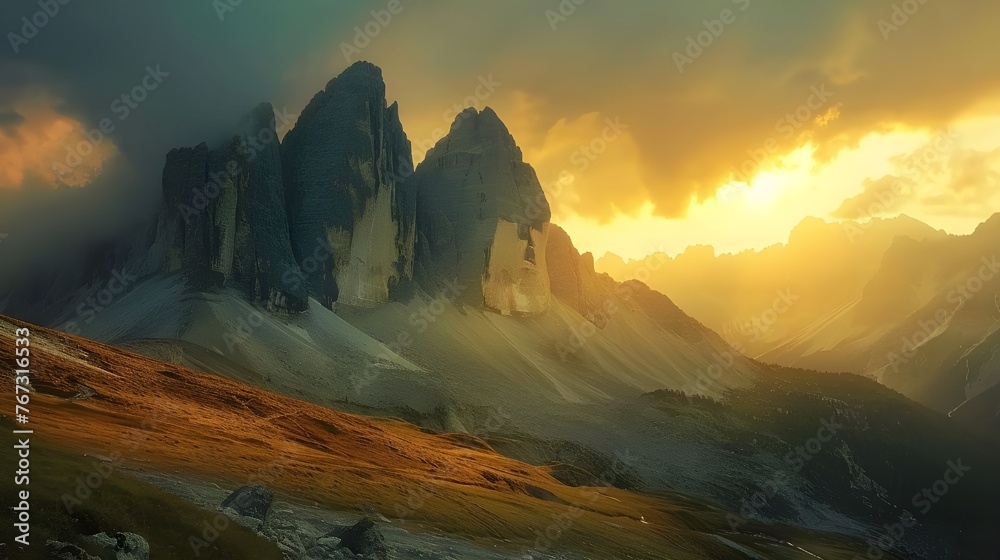 Mountains and beautiful sky with colorful clouds at sunset. Summer landscape with mountain peaks, stones, grass, trails, violet sky with pink clouds. High rocks. Tre Cime in Dolomites, Ai generated  - obrazy, fototapety, plakaty 