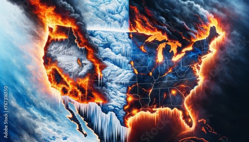 Abstract Fire and Ice US Map Creative Image - Artistic representation of the US map engulfed by dynamic fire and ice visuals  symbolizing conflict and unity
