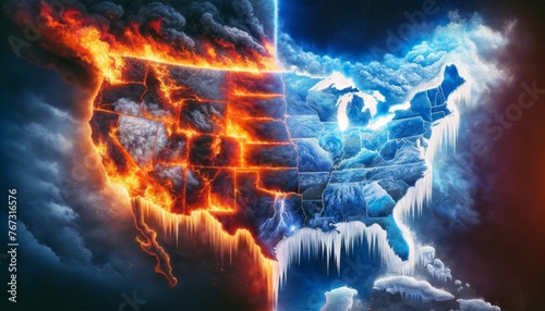 USA Map Blending Fire and Ice Elements - This artwork combines elements of fire and ice across a USA map  exploring the theme of environmental balance