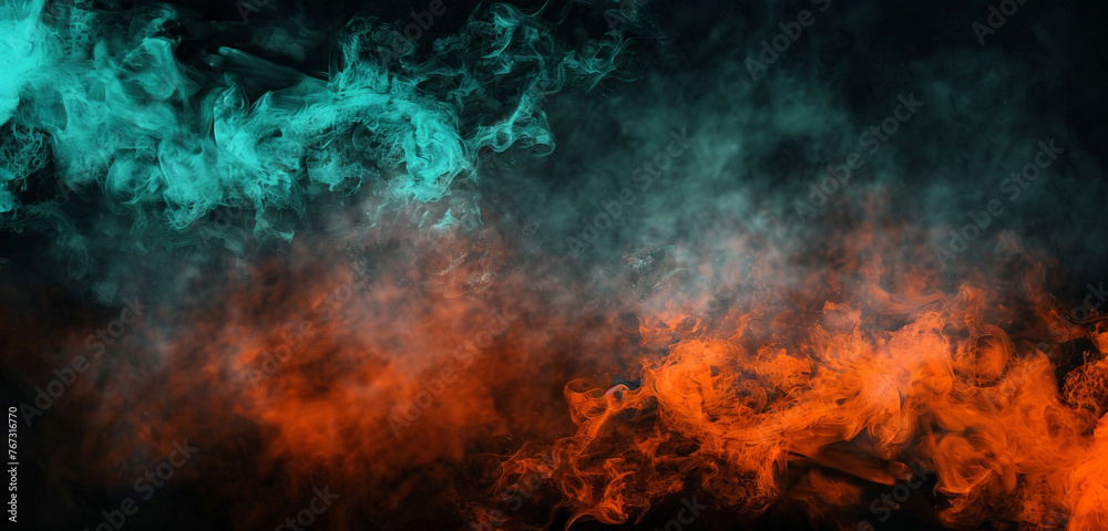 Radiant orange and teal mist creating a captivating contrast against a black canvas. Copy space on blank labels.