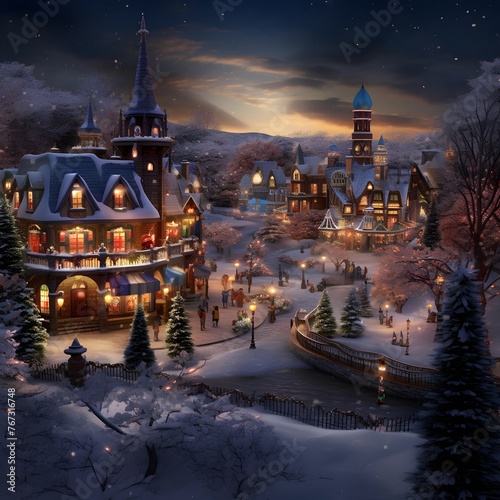 Illustration of a beautiful winter landscape with a small town at night photo