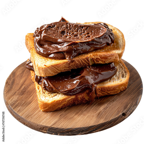 Dark chocolate spread delicious bread on wooden round board on an isolated background