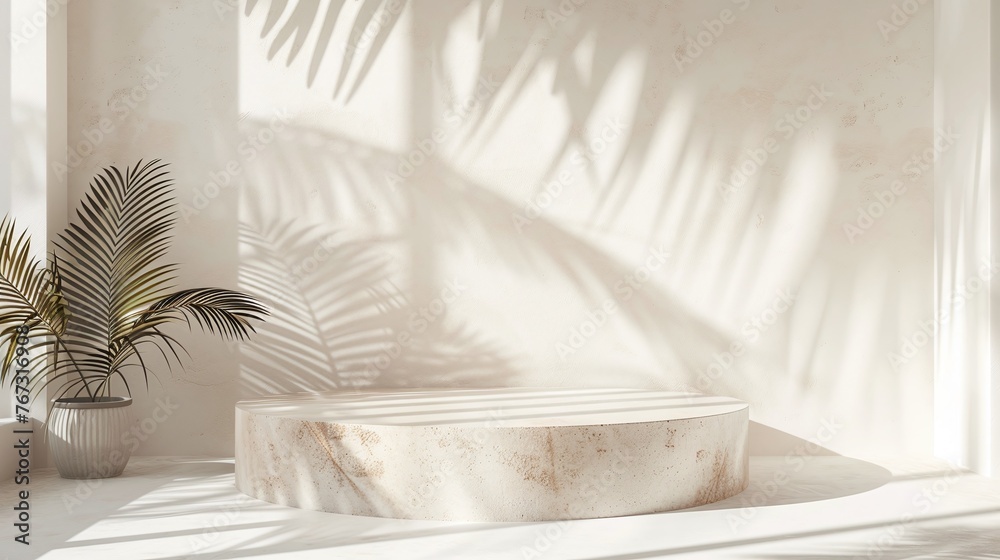 luxury organic cosmetic background with blank beige brown cement curve counter podium, textured surface, soft dappled sunlight, leaf shadow on white wall, ideal for skincare luxury organic cosmetic background with blank beige brown cement curve counter podium, textured surface, soft dappled sunlight, leaf shadow on white wall, ideal for skincare