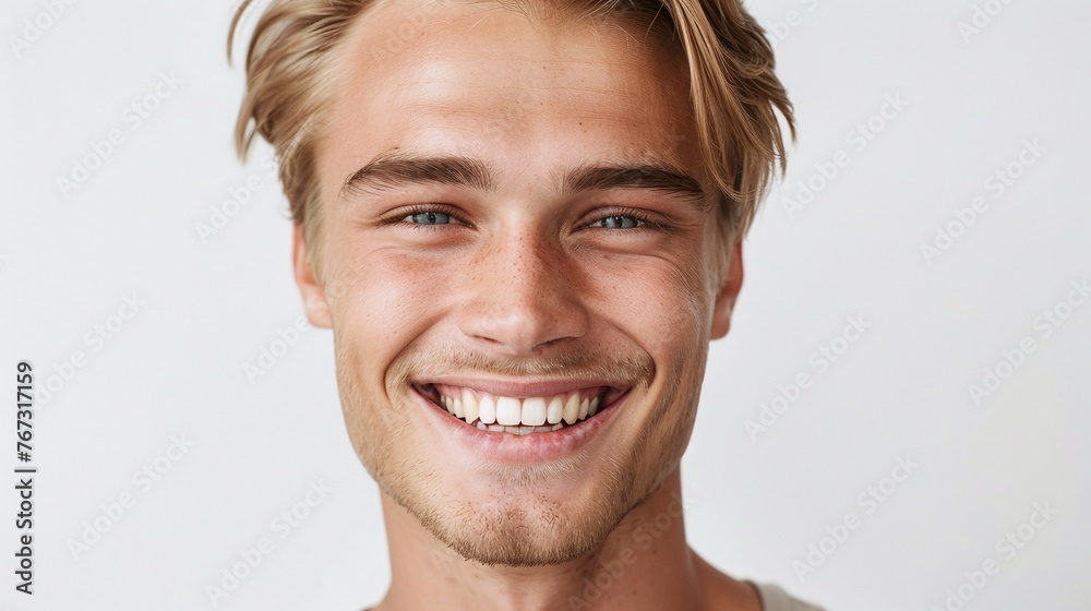 Fototapeta premium portrait of a handsome blonde man with a strong jawline and clean teeth, smiling with a fresh and stylish appearance, perfect for a dental ad and isolated on a white background
