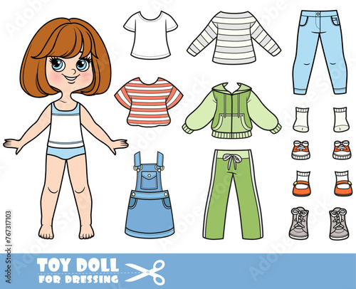 Cartoon brunette girl with short bob and clothes separately  -  long sleeve,striped T-shirt, tracksuit, denim sundress, jeans and boots © Azuzl
