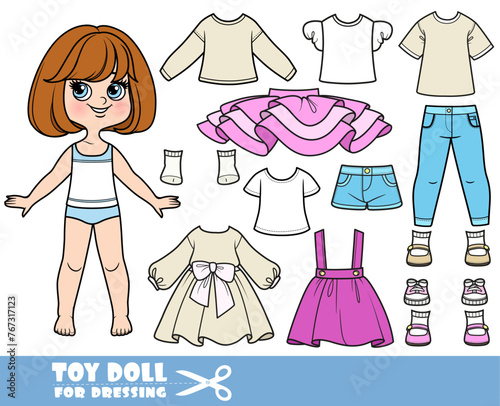 Cartoon brunette girl with short bob and clothes separately  -  long sleeve, shorts, shirts, tu-tu, skirt, casual dress, jeans and boots