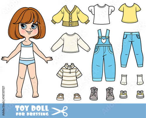 Cartoon brunette girl with short bob and clothes separately  -  long sleeve,  shirts, denim overalls, cardigan, jeans and boots © Azuzl
