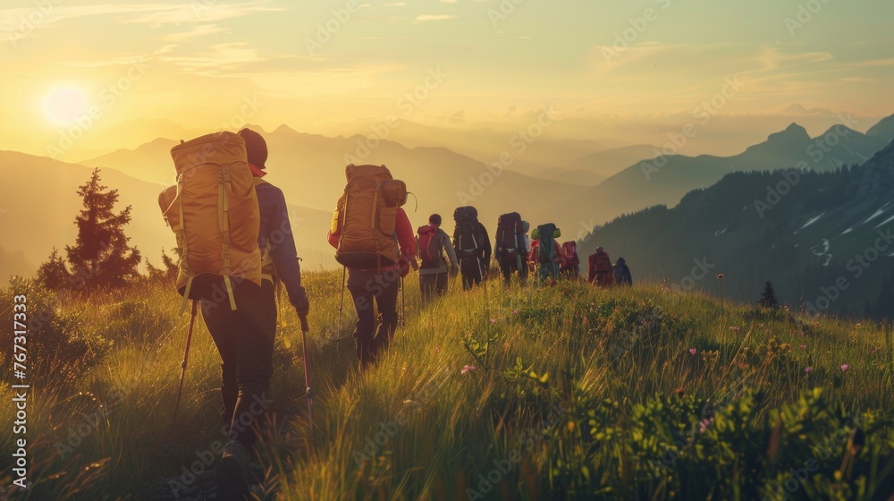 Group of People Hiking up Hill at Sunset - obrazy, fototapety, plakaty 