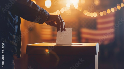 Participating in Democracy: Ballot Casting with American Flag Backdrop photo