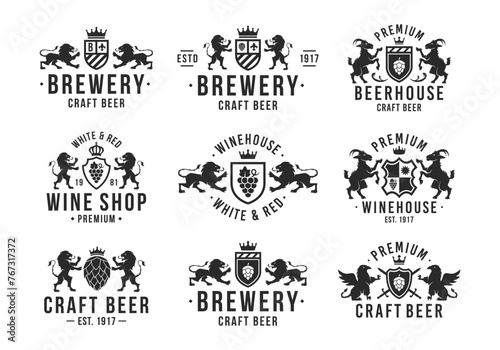 Beverages logo set. Vintage beer and wine logo with heraldic animals. Vintage brewery and winery emblems. Beverages labels  emblems  logo. Vector illustration