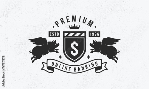 Vintage Finance logo template. Banking, Investment logo with flying pigs and grain texture. Logo, Poster for Stock Exchange, Trading, Crypto, Bank business. Vector illustration
