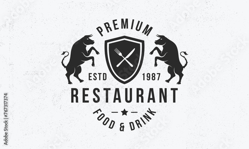 Restaurant crest logo. Restaurant logo with heraldic bull. Grain texture. Vintage emblem, poster for restaurant, cafe, kitchen. Restaurant menu design. Vector illustration