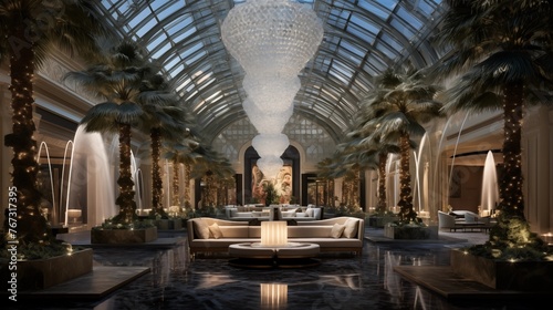 Luxurious mall atrium with soaring glass ceilings and lavish fountains.