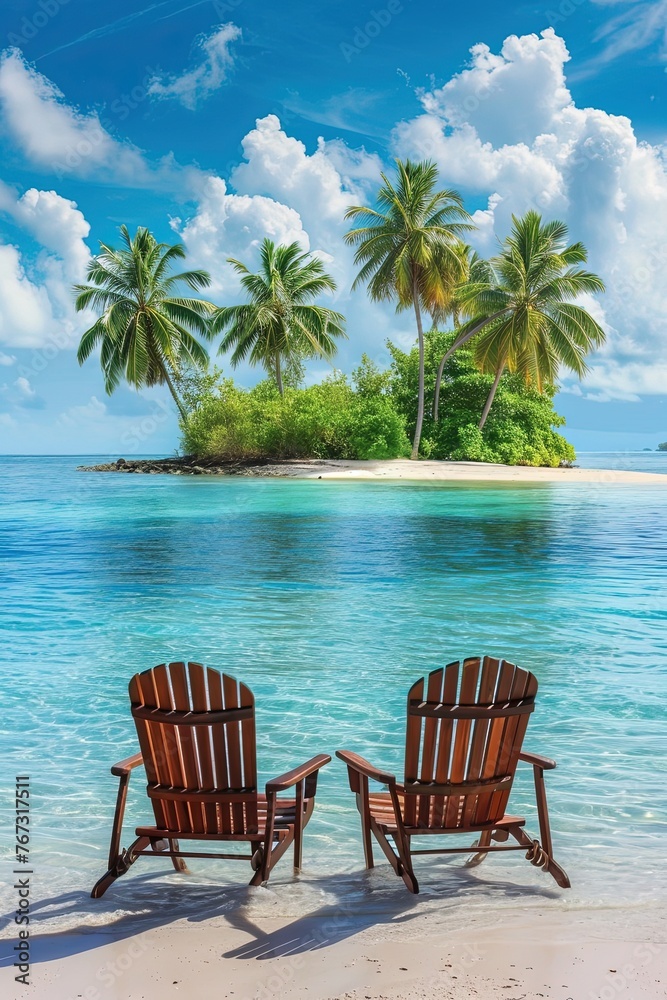 Chairs on a tropical beach with palm trees on a coral island. Relaxing under a palm tree on remote beach. Mockup. Idyllic coastal hideaway