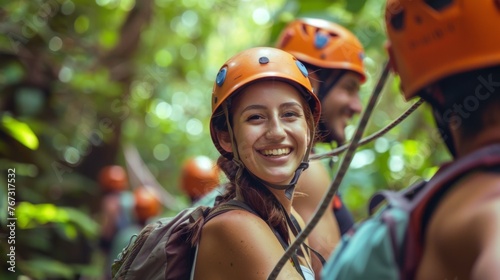 Smiling Woman Zip-Lining Through the Jungle photo