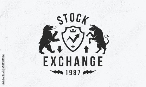Stock Exchange logo. Trading logo with heraldic bull, bear and grain texture. Logo, Poster for Stock Exchange, Trading, Crypto business. Vector illustration