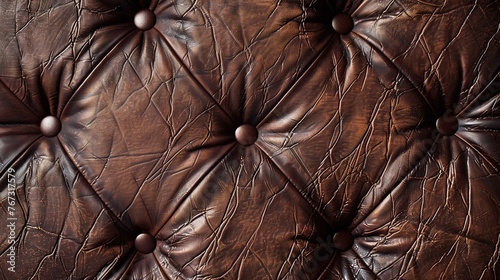 brown leather texture closeup featuring intricate rhombic stitching and buttons designed for a luxury background and upholstery pattern with a smooth finish