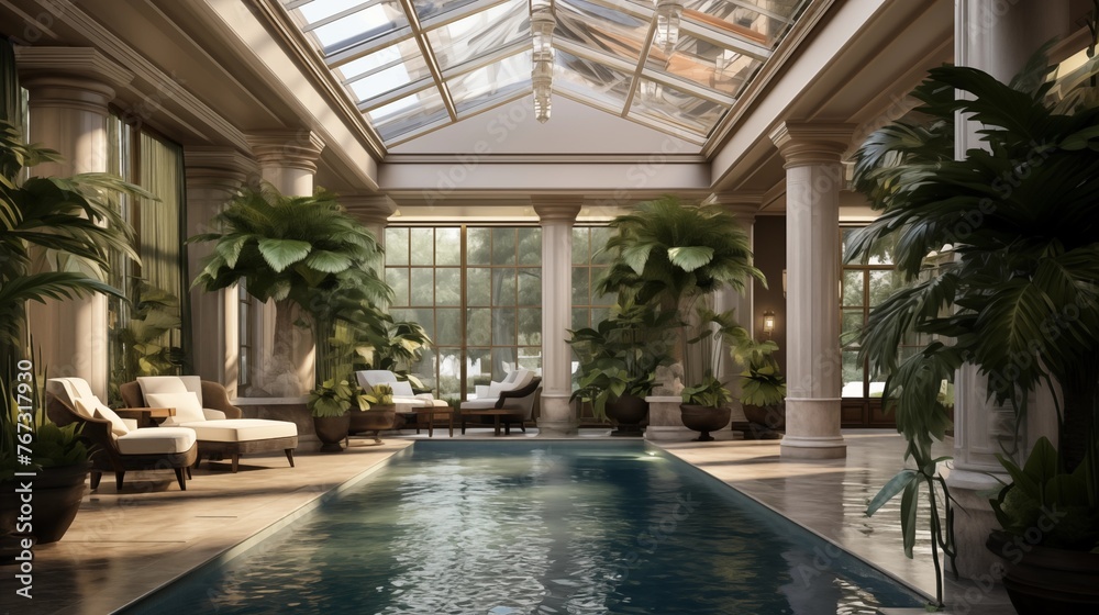 Luxurious resort-style indoor pool enclosure with glass ceilings and walls tropical plant wall and waterfall accents.