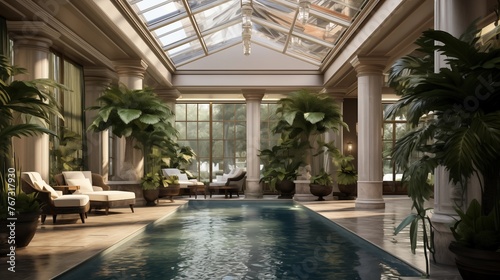 Luxurious resort-style indoor pool enclosure with glass ceilings and walls tropical plant wall and waterfall accents. © Aeman