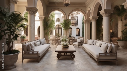 Luxurious palazzo-style indoor courtyard lounge with glazed brick barrel vaulted ceiling arched doorways and marble floors.