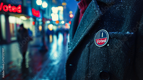 Democracy in Urban Life with 'I Voted' Sticker at Night photo