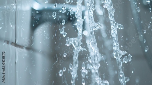 close up of water droplets flowing from shower, bathroom interior with spray and stream, clean and refreshing water from showerhead, indoor bath with water splash