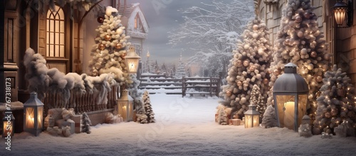 Christmas trees and lanterns are standing in the snow outside a building, creating a festive and magical atmosphere in the freezing winter landscape