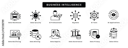 Business Intelligence Icons - A Set of High-Quality Icons for Business Intelligence like Big Data, Data Warehouse, Data Minning, Data Ethics, Data Governance, and more.