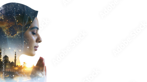 an arabic woman pray and mosque landscape starry night with copy space for text for ramadan banner isolated on transparent background