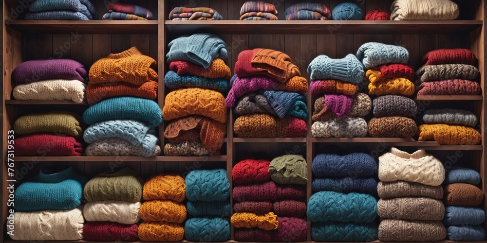 Colorful folded sweaters on a wooden shelf. A close-up image of a wooden shelf neatly stacked with colorful folded sweaters. The sweaters come in a variety of colors, including red, yellow, blue, and Colorful folded sweaters on a wooden shelf. A close-up image of a wooden shelf neatly stacked with colorful folded sweaters. The sweaters come in a variety of colors, including red, yellow, blue, and