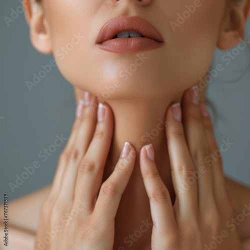 Close-up of a pained expression, woman's hands on her neck indicating thyroid discomfort, against a muted grey photo